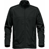 A men's lightweight softshell jacket in dark green with a high collar and two side pockets, featuring a logo.