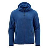 A blue full zip hoodie featuring a hood, front pockets, and a zipper closure. It includes branding on the design.
