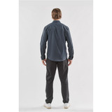 A men's long-sleeve quick dry shirt in dark blue, featuring a collar and a logo on the back.