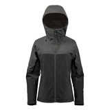 A women's jacket in dark green and black, featuring a hood and a logo on the design.
