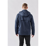 A lightweight navy rain jacket with a hood, featuring a back yoke design and a logo on the back.