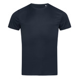 A navy blue men's active sports t-shirt featuring a round neck and short sleeves, with a logo.