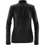 A women's black fleece pullover with a quarter zip and long sleeves, featuring a small logo on the hem.