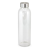A drink bottle made of clear glass with a stainless steel lid, featuring a sleek, modern design.