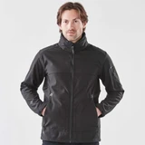 A men's black softshell jacket with a full zip, featuring zippered pockets and a stand-up collar.