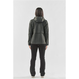 A women's rain jacket in dark grey, featuring a hood and a branded logo, displayed from the back.
