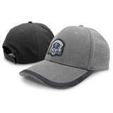 A grey cap with a logo featured on the front and a black back, designed for comfort and style.