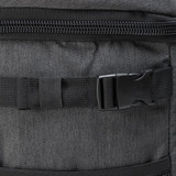 A dark grey backpack cooler featuring a zipper closure and buckle strap for secure fastening.