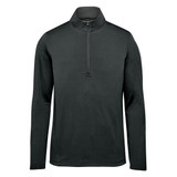 A black men's pullover featuring a 1/4 zip and long sleeves, with a logo on the design.