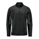 A black and dark grey men's knit jacket with a full zip and high collar, featuring logo branding.
