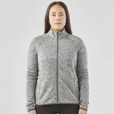 A women's full zip fleece jacket in grey with a high collar and long sleeves, featuring a logo.