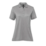 A women's polo shirt in grey with a classic collar and short sleeves, featuring a logo on the garment.
