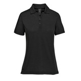 A black women's polo shirt featuring a collar and buttons, with a logo on the side.