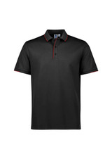 A black short sleeve polo shirt with red trim and a logo on the chest.