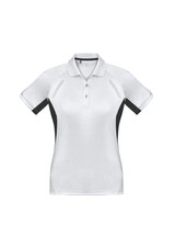 A women's short sleeve polo in white with black accents and a logo. Designed for a stylish and sporty look.