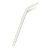 A silicone drinking straw in a light cream colour, featuring a slight bend. The product has a logo on it.