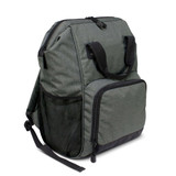A grey cooler backpack featuring a front zip pocket and side mesh pocket, with dual straps and a handle.