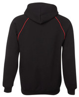 A black hoodie featuring contrasting red stitching and a hood. It has a logo on the back.