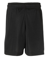 Black sports shorts made from a breathable mesh fabric, featuring an elastic waistband and a logo.