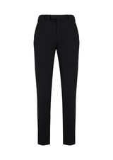 Black slim fit flat front pants, featuring a sleek design and a logo on the waistband. Suitable for formal occasions.