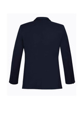 A navy blue men's slimline jacket featuring a single back vent and tailored fit. It has a logo on it.