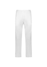 A pair of white track pants featuring an elasticised waistband and a logo.