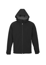 A black soft shell jacket with a hood, featuring a zip front and side pockets. It has a logo on the sleeve.