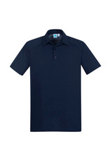 A navy short sleeve polo shirt featuring a collar and a branded logo. Casual and versatile design.