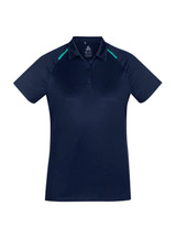 A navy short sleeve polo shirt with contrast green detailing and a logo on the chest.