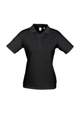 A women's short sleeve polo shirt in black, featuring a classic collar and a logo.