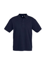 A navy short sleeve polo shirt with a collar and three buttons, featuring a logo.