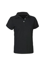 A women's short sleeve polo shirt in a solid dark green colour, featuring a collar and a branded logo.