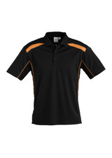 A black short sleeve polo shirt with orange accents and a logo on the chest. Perfect for casual wear.