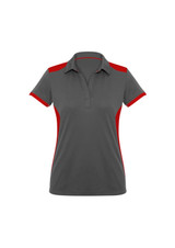 A grey women's polo shirt with red accents and a collar, featuring a logo.