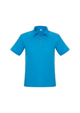 A blue short sleeve polo shirt with three buttons and a subtle texture, featuring a logo.
