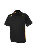 A black polo shirt with yellow side panels and a collar, featuring a logo on the chest area.