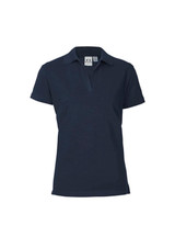 A navy women's polo shirt with a collar and short sleeves, featuring a logo on the chest area.