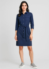 A navy women's dress with a button-up front, collar, and a matching belt. It features two chest pockets and three-quarter sleeves.