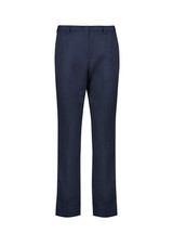 Navy tapered leg pants with an adjustable waist and a logo on the back pocket.