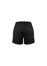 A pair of black sports shorts with an elastic waistband and a logo on the side.