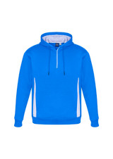 A blue unisex hoodie with a white side design and a front zip. It has a hood and a logo on it.