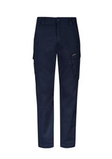 Navy cargo pants featuring side pockets and a button closure, with a branding logo. Suitable for casual wear.