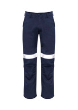 Men's navy work pants featuring reflective tape stripes and a traditional style. Designed for workwear use.