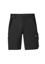 Black work shorts featuring multiple pockets and a logo, designed for durability and functionality.