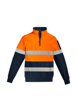 Hi Vis 1/4 zip pullover in orange and navy, featuring reflective hoop tape detailing and a logo on the sleeve.