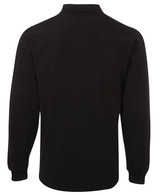 A black long-sleeve polo shirt with a collar and a plain back, featuring a logo.