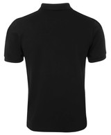 A black fitted polo shirt, featuring a classic collar and short sleeves, with a branding logo.