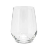 A stemless glass with a clear, smooth design and a rounded base, suitable for various beverages.