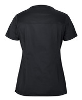 A black ladies' scrub top featuring a simple design and a logo on the back.