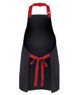 A black apron with red straps, featuring a bib design and a waist tie. Includes a logo.